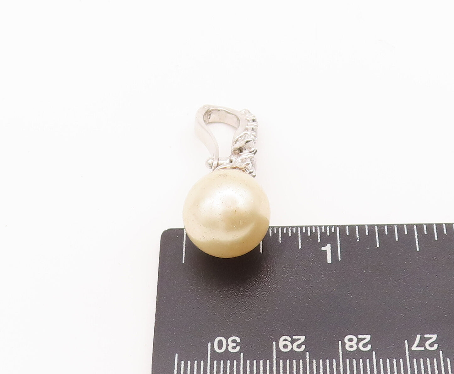 925 Sterling Silver Vintage Pendant Beaded CZ Drop Band Large Pearl  PT22568
