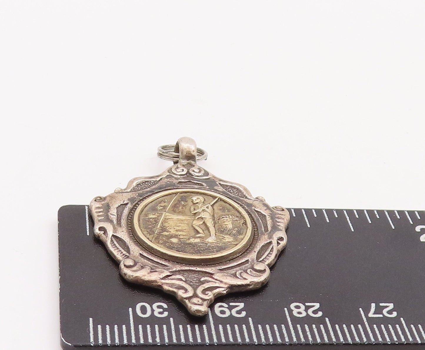 925 Sterling Silver Vintage Pendant Antique Carved Soldier On Field PT23428