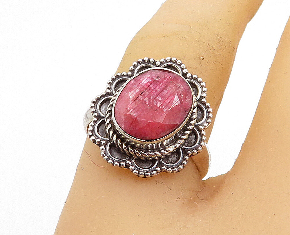 925 Sterling Silver  Vintage Ruby Floral Border Cocktail Ring Sz 7.5  RG4504