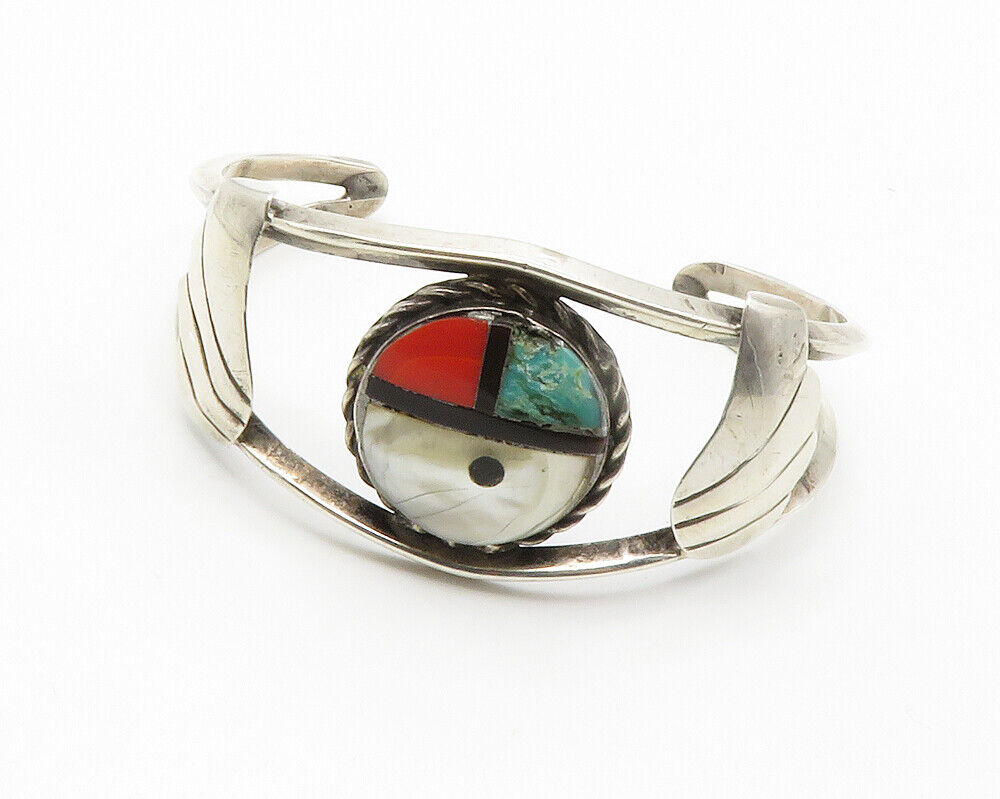 ZUNI 925 Silver  Vintage Mother Of Pearl & Turquoise Cuff Bracelet  BT5483