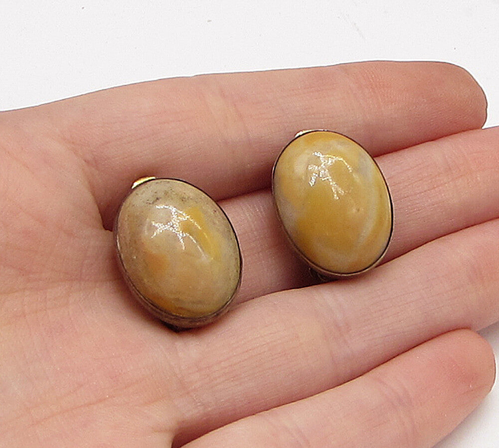 925 Sterling Silver  Vintage Cabochon Cut Gemstone Clip On Earrings  EG1894