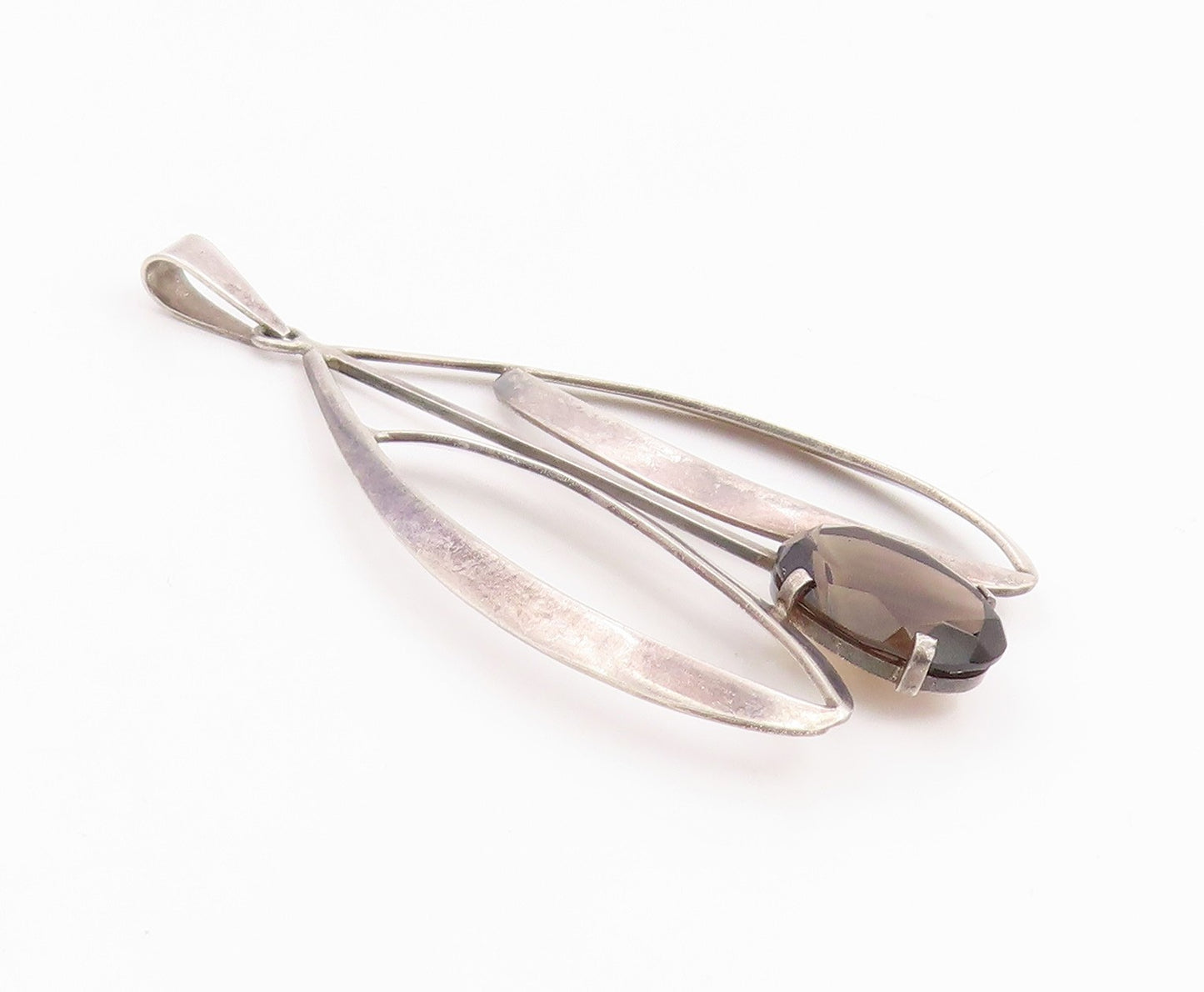 925 Sterling Silver Vintage Pendant ISRAEL Smoky Quartz Modernist Design PT26043