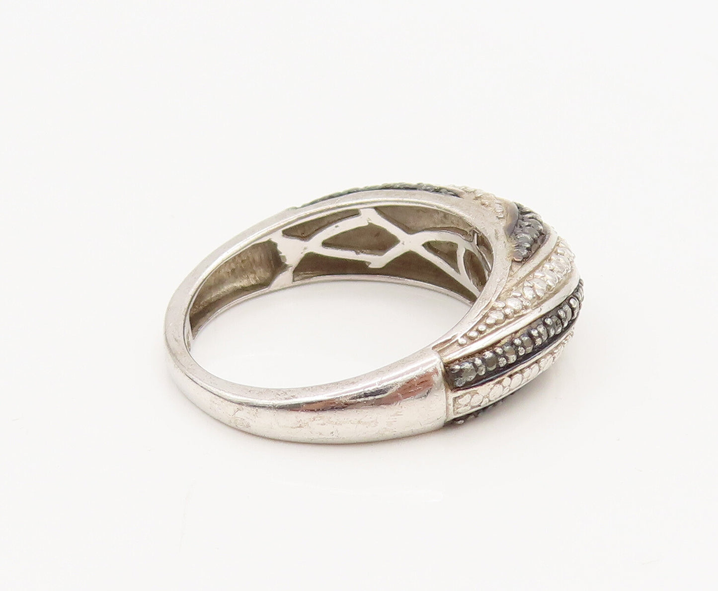 925 Silver  Vintage Alternate Black & White Diamonds Band Ring Sz 8  RG26965