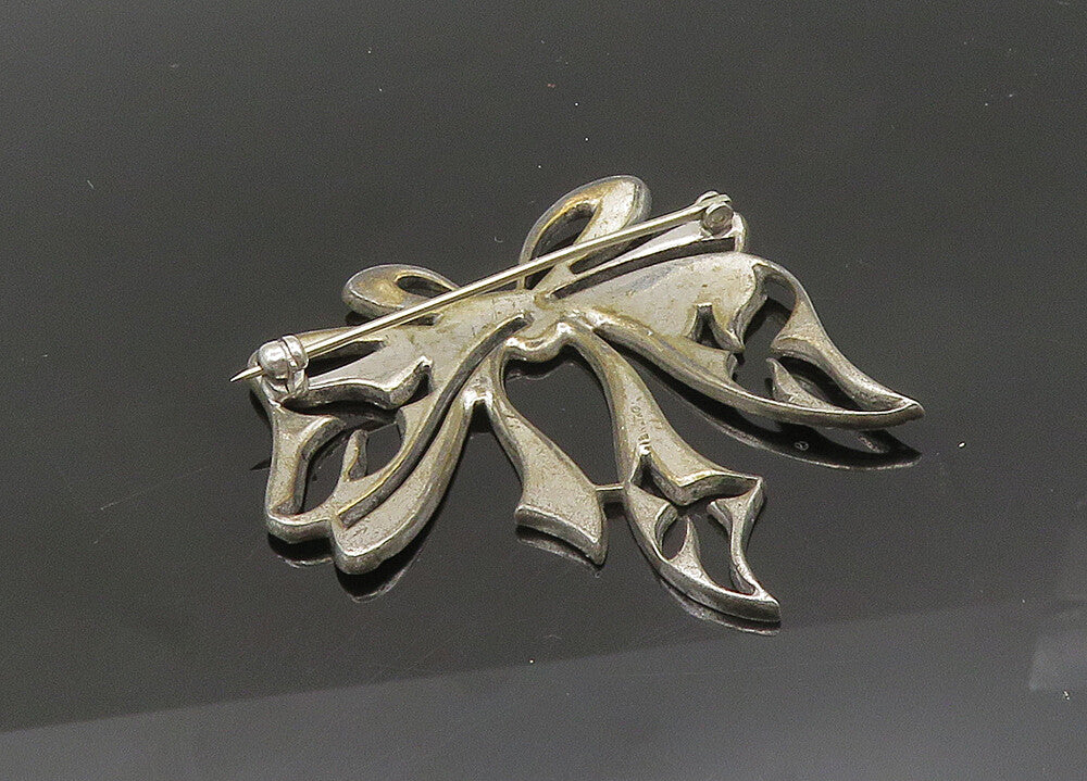 925 Sterling Silver  Vintage Sparkling Bow Tied Ribbon Brooch Pin  BP8296