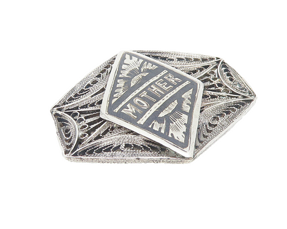 925 Sterling Silver  Vintage Antique Mother Filigree Detail Brooch Pin  BP4302