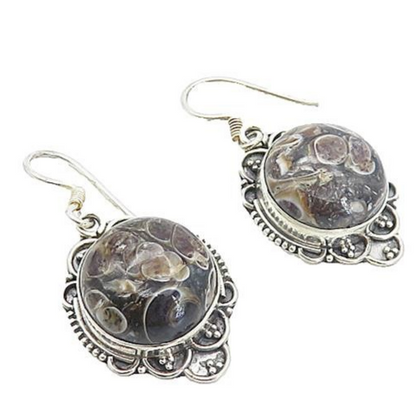 925 Sterling Silver  Vintage Cabochon Cut Spotted Jasper Drop Earrings  EG3345