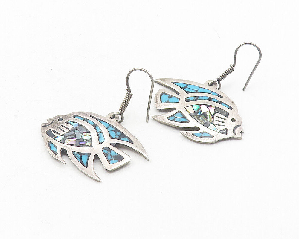 MEXICO 925 Silver  Vintage Abalone & Turquoise Fish Drop Earrings  EG6045