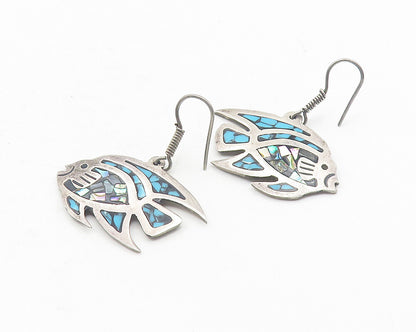 MEXICO 925 Silver  Vintage Abalone & Turquoise Fish Drop Earrings  EG6045