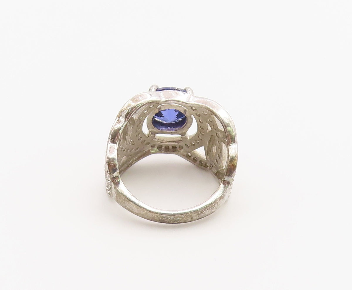 925 Sterling Silver Vintage Ring Tanzanite & CZ Double Loop Band Sz 9.5 RG36890