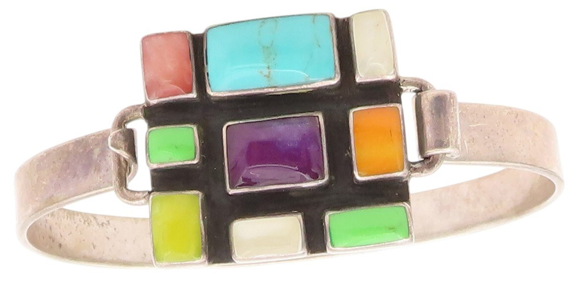 925 Sterling Silver Vintage Bracelet Rectangle Cut Multi Gemstones Inlay BT11159