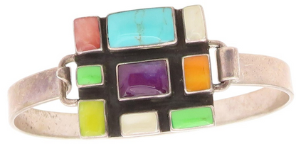 925 Sterling Silver Vintage Bracelet Rectangle Cut Multi Gemstones Inlay BT11159