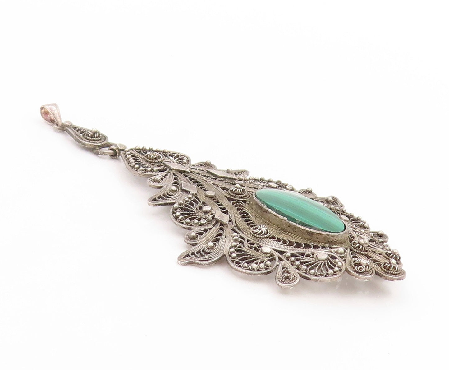 925 Sterling Silver Vintage Pendant Oval Malachite Large Floral Filigree PT25845