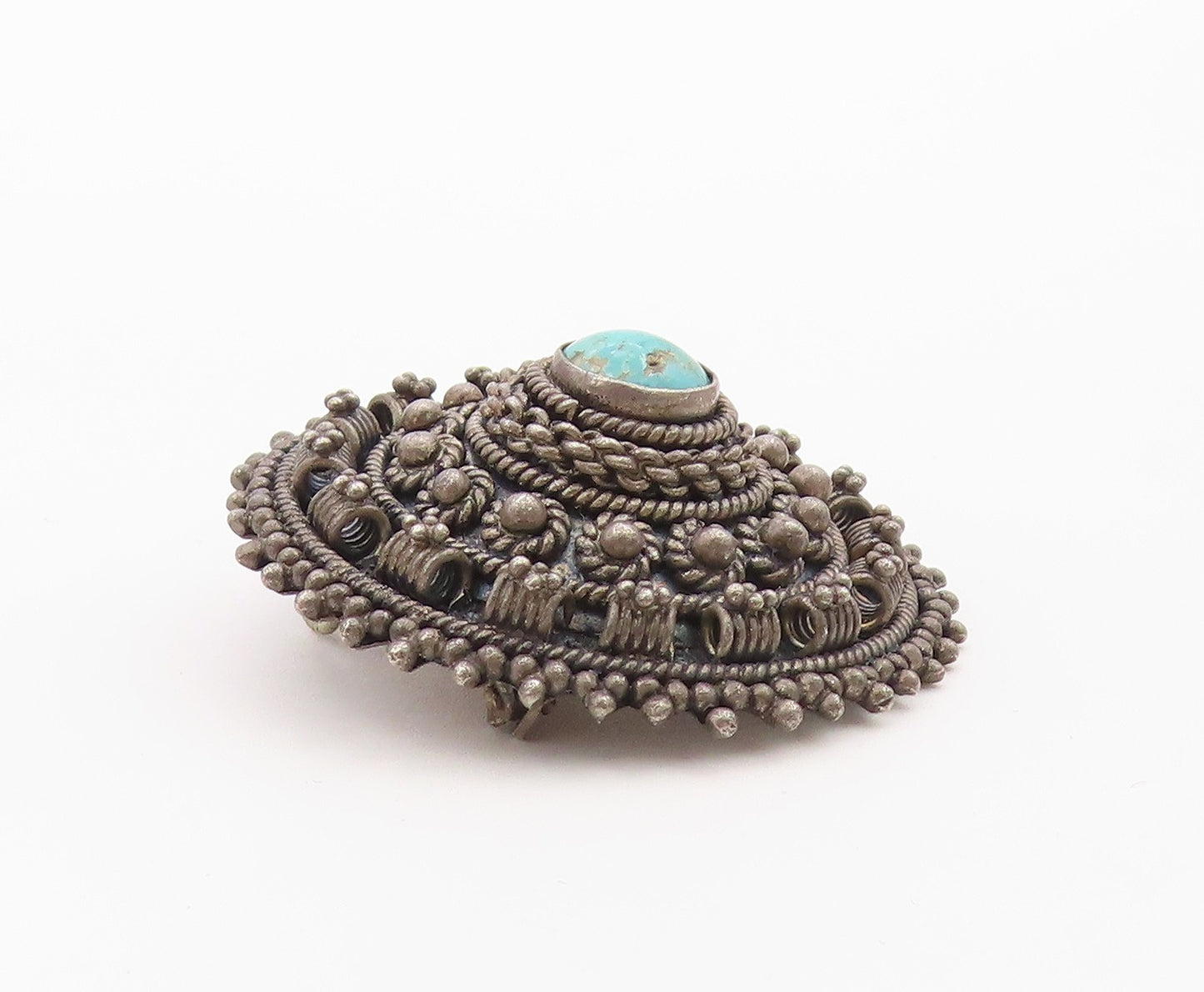 ISRAEL 925 Silver  Vintage Turquoise Dark Tone Floral Dome Brooch Pin  BP3850