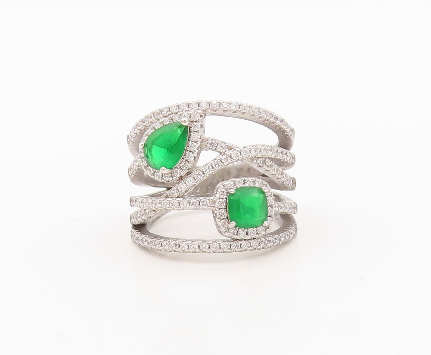 925 Sterling Silver Vintage Ring Cutout Band Green & White CZ Inlay Sz 7 RG30445
