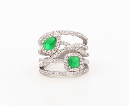 925 Sterling Silver Vintage Ring Cutout Band Green & White CZ Inlay Sz 7 RG30445