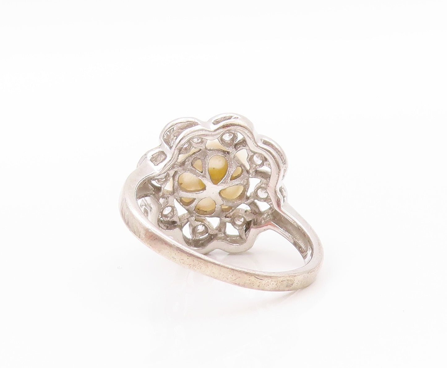 925 Sterling Silver Vintage Ring Pearl & CZ Cutout Flower  Sz 8  RG32643