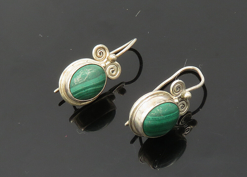 SAJEN 925 Silver  Vintage Cabochon Malachite Swirl Drop Earrings  EG10056