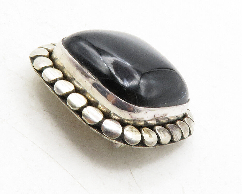 BALI 925 Sterling Silver  Vintage Cabochon Cut Black Onyx Brooch Pin  BP4740