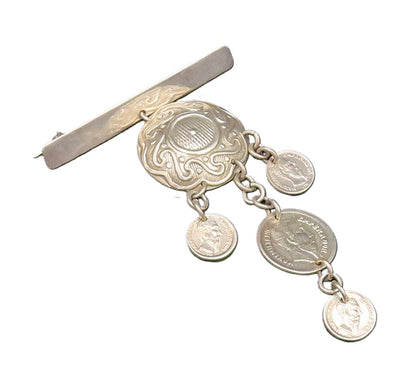 MEXICO 925 Silver  Vintage Swirl Dome Coin Chain Dangle Brooch Pin  BP9894