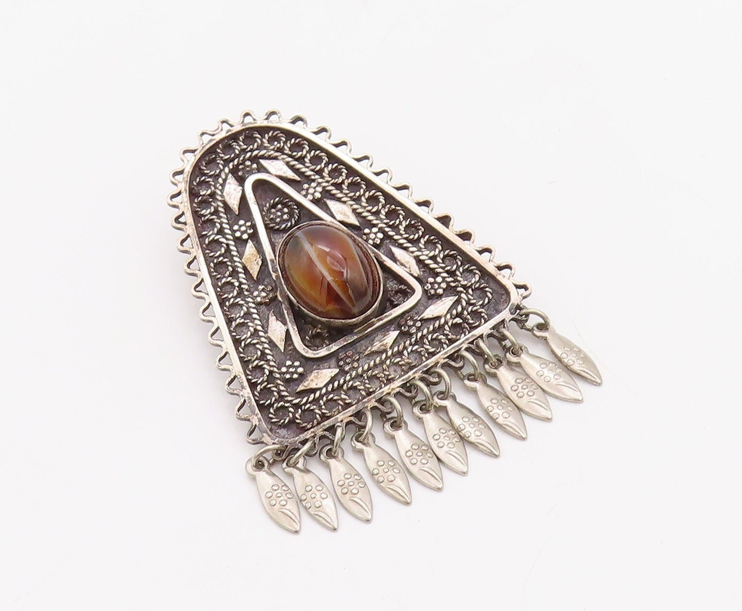 925 Sterling Silver Vintage Brooch Pin ISRAEL Dark Tone Tigers Eye   BP11219