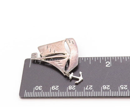 925 Sterling Silver Vintage Brooch Etched Sailboat With Dangling Anchor  BP11934