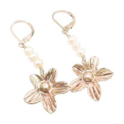 925 Sterling Silver Vintage Earrings Round Pearl Etched Floral Dangles  EG13804