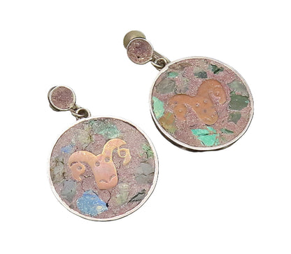 MEXICO 925 Silver  Vintage Two Tone Tumbled Jasper & Bull Earrings  EG12149