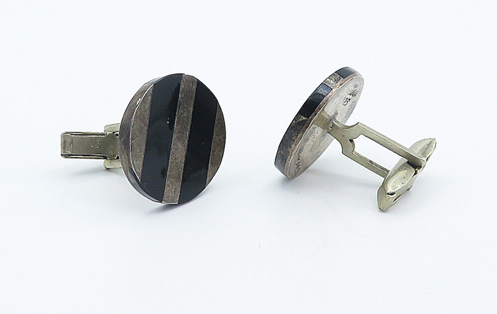 MEXICO 925 Sterling Silver Vintage Black Onyx Striped Cuff Links TR1287