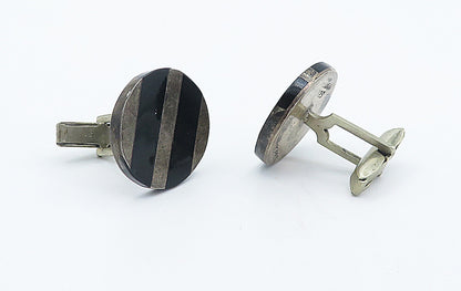 MEXICO 925 Sterling Silver Vintage Black Onyx Striped Cuff Links TR1287
