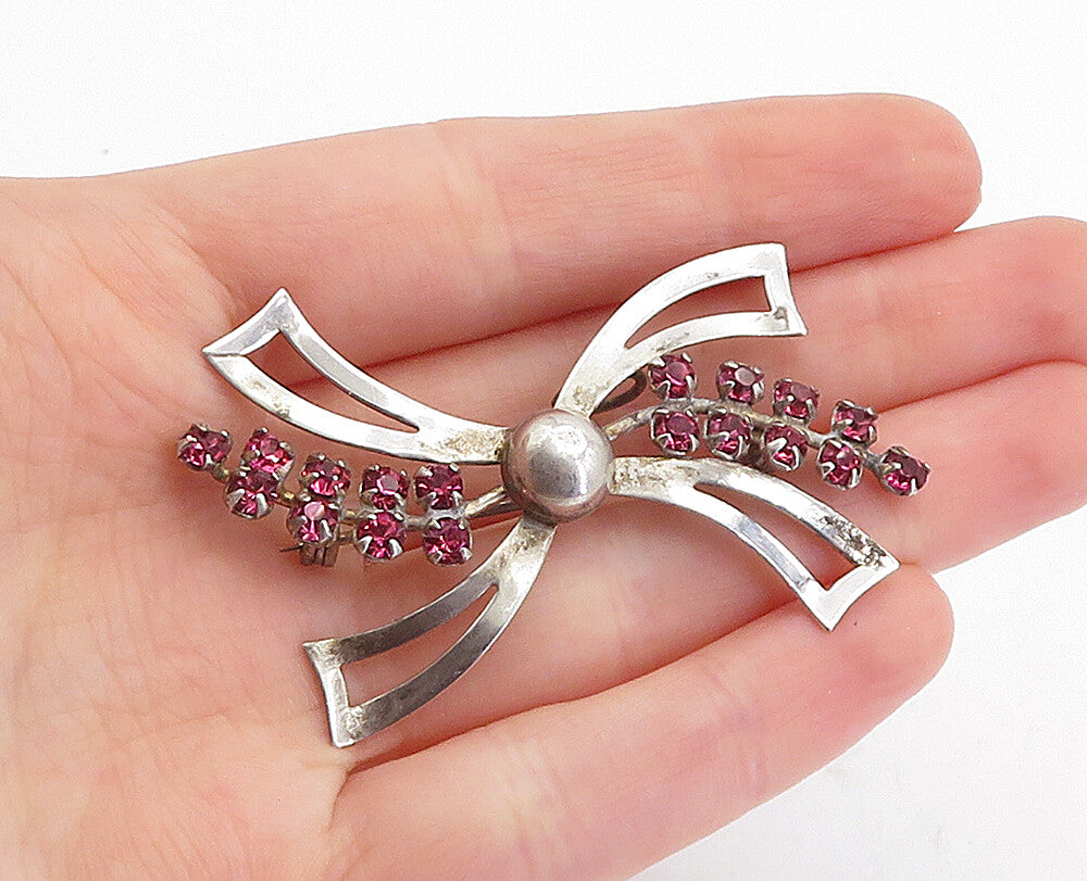 925 Sterling Silver  Vintage Pink Topaz Bow Tied Ribbon Brooch Pin  BP1232