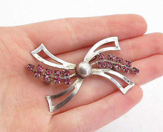 925 Sterling Silver  Vintage Pink Topaz Bow Tied Ribbon Brooch Pin  BP1232
