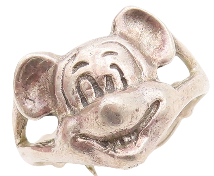 925 Sterling Silver Vintage Ring Happy Mickey Mouse Face Carved  Sz 8  RG28907
