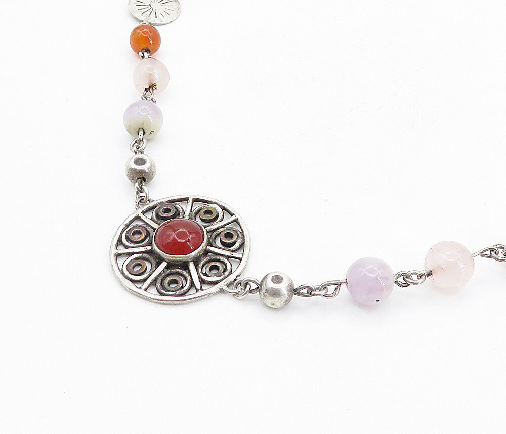 STRANGER 925 Silver  Vintage Carnelian Quartz & Agate Beaded Necklace  NE1383
