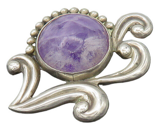 LOS CASTILLO MEXICO 925 Silver  Vintage Cabochon Amethyst Brooch Pin  BP8147