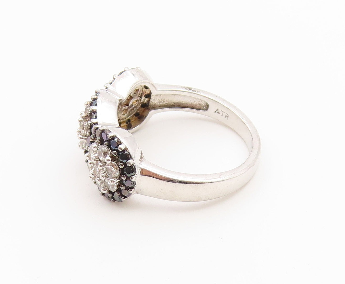 925 Sterling Silver Vintage Ring CZ Triple Flower Cluster Band  Sz 6.5  RG36850