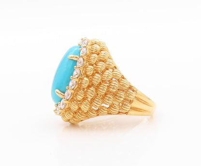 925 Sterling Silver Vintage Ring Gold Plated Larimar Halo CZ  Sz 5  RG32318