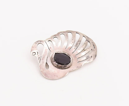925 Sterling Silver Vintage Brooch Pin Solid Cutout Onyx Swan  BP11122