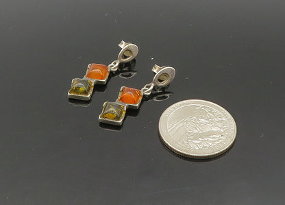 925 Sterling Silver  Vintage Cabochon Amber 2 Stone Dangle Earrings  EG10330