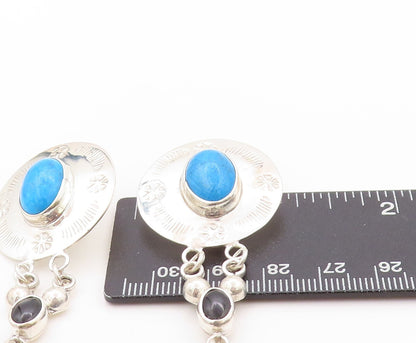 925 Sterling Silver Vintage Earrings MEXICO Etched Turquoise Drop Onyx  EG13575