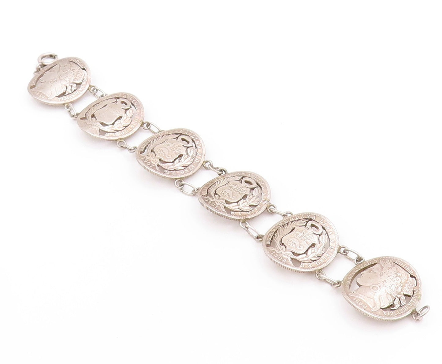 925 Sterling Silver Vintage Bracelet Antique Royal Peruana Coins   BT11264