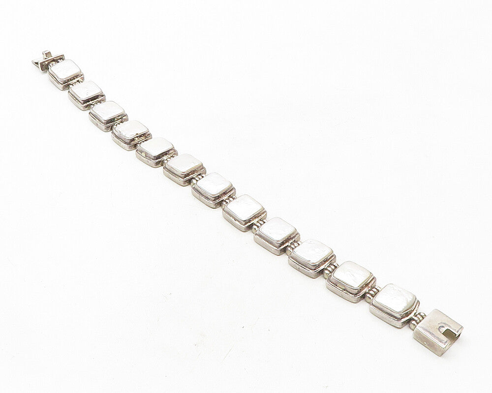 925 Sterling Silver  Vintage Pearls Square Hinge Link Chain Bracelet  BT4443