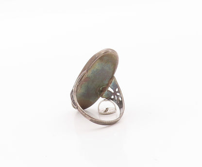 925 Sterling Silver Vintage Ring Dark Tone Cutout Band Gemstone Sz 5.5  RG32379