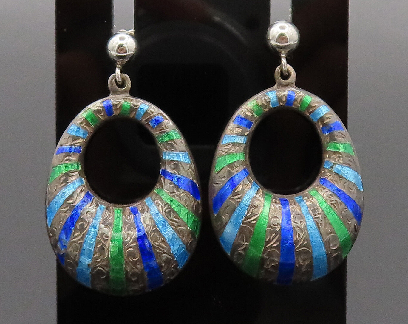 925 Sterling Silver  Vintage Dangling 2 Tone Enameled Donut Earrings  EG12767