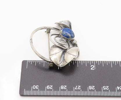 DESIGNER 925 Silver  Vintage Lapis Lazuli Calla Lily Stem Brooch Pin  BP10123
