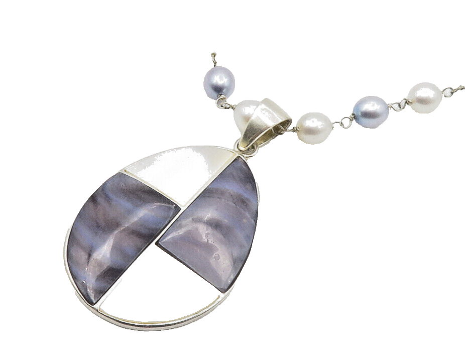925 Silver  Blue & White Mother Of Pearl & Pearls Beaded Necklace  NE2310