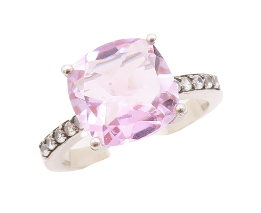 925 Sterling Silver Vintage Ring Round Cut Amethyst Diamonds Inlay Sz 7  RG29255