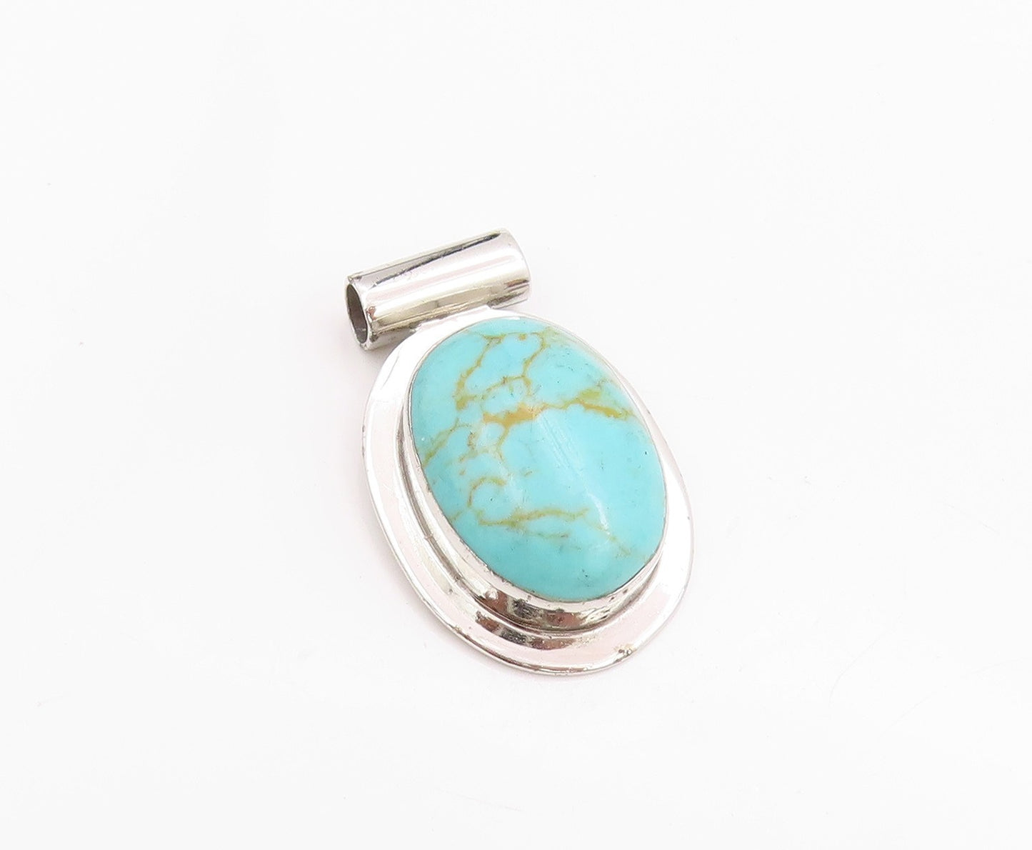 925 Sterling Silver Vintage Pendant Minimalist Oval Cabochon Turquoise  PT24556