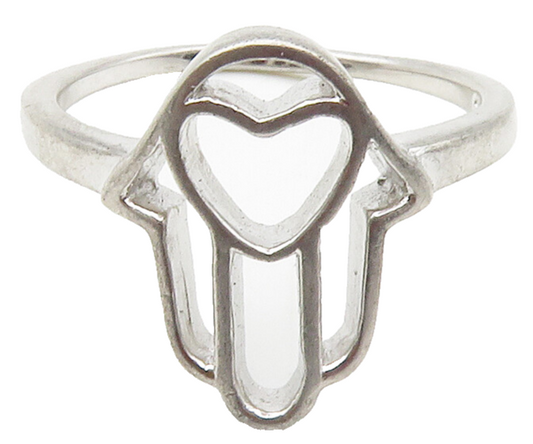 925 Sterling Silver  Vintage Shiny Love Heart Hamsa Band Ring Sz 7  RG15296