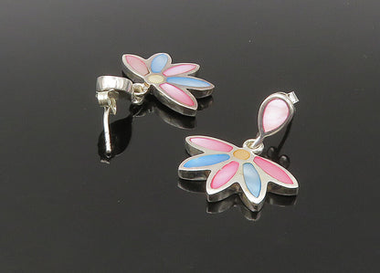 925 Sterling Silver  Vintage Mother Of Pearl Floral Dangle Earrings  EG11054