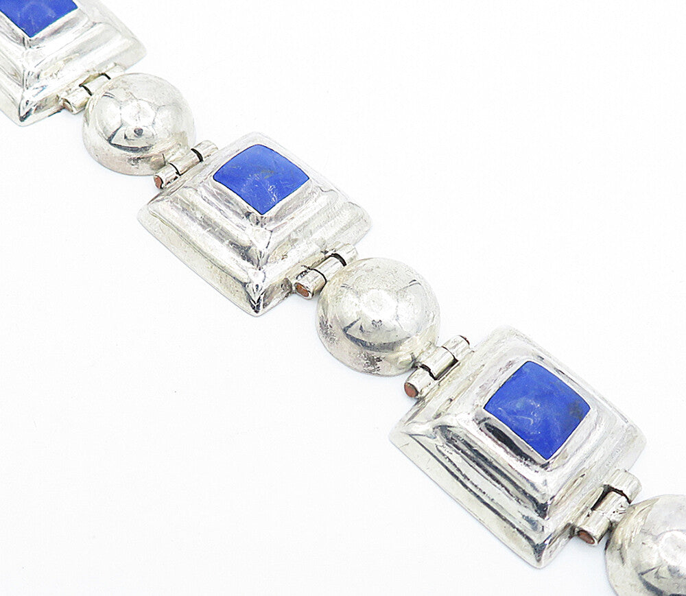 925 Sterling Silver  Vintage Lapis Lazuli Dome Hinge Chain Bracelet  BT1800